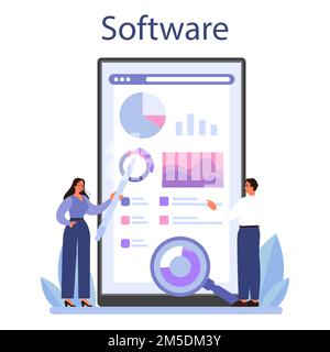 Consulenza online o piattaforma. Ricerca e raccomandazione. Gestione delle strategie e risoluzione dei problemi. Software online. Illustrazione del vettore piatto Illustrazione Vettoriale