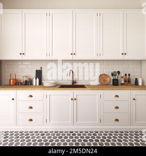 Interni di cucina scandinava bianca su pavimento in piastrelle marocchine. Utensili da cucina con decorazioni. Angolo cottura con lavandino e arredi. rendering 3d. Alta qualità Foto Stock