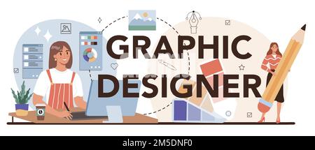 Intestazione tipografica del grafico. Artista che crea pubblicità moderna. Disegno digitale per il concetto di progettazione del prodotto. Vettore di illustrazione piatto Illustrazione Vettoriale
