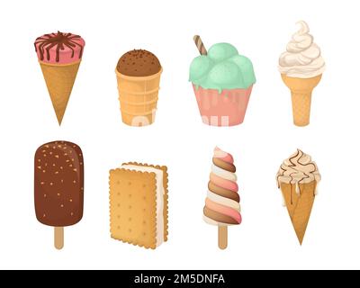 Set gelato. Coni di gelato isolati e popsicle su sfondo bianco. Illustrazione Vettoriale