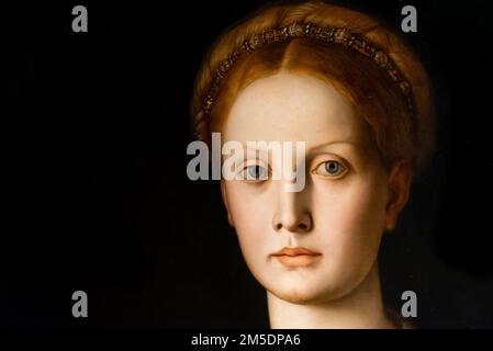 Primo piano sul ritratto medievale di nobildonna dai capelli rossi Foto Stock