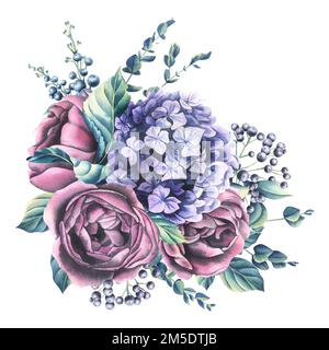Ortensia lilla con rose di borgogna, bacche decorative, foglie e rami di eucalipto. Illustrazione acquerello. Composizione dalla collezione Foto Stock