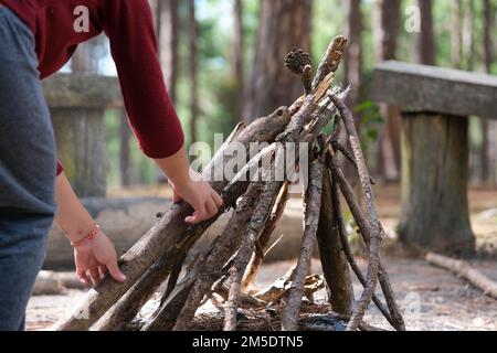 Carino piccole sorelle che fanno fuoco in boschi naturali. Bambini che si divertono al fuoco del campo. Campeggio con bambini in pineta invernale. Famiglia felice su va Foto Stock