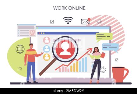 Avviare il servizio o la piattaforma online in esecuzione. Idea di una nuova strategia aziendale. Business plan costruzione. Lavoro online. Illustrazione del vettore piatto isolato Illustrazione Vettoriale