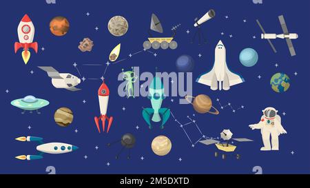 Set di oggetti spazio. Razzi e navetta, astronauti e alieni. Illustrazione Vettoriale