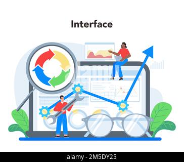 Piattaforma o servizio online di analisi di siti Web. Miglioramento delle pagine Web per la promozione e l'ottimizzazione delle attività aziendali. Interfaccia di lavoro. Illustrazione piatta isolata Illustrazione Vettoriale