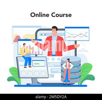 Piattaforma o servizio online di analisi di siti Web. Miglioramento delle pagine Web per la promozione e l'ottimizzazione delle attività aziendali. Corso online. Illustrazione piatta isolata Illustrazione Vettoriale