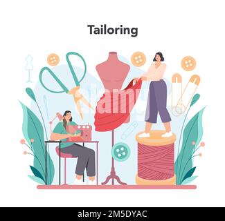 Concetto su misura. Abbigliamento da cucire o da indossare di stilista. Comò che lavora su macchina da cucire elettrica e che prende le misure. Vettore flat illustrati Illustrazione Vettoriale