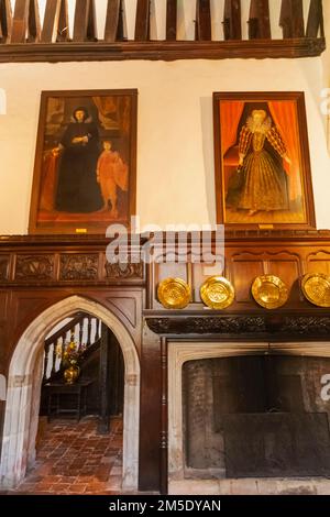 Inghilterra, Kent, Sevenoaks, Ightham Mote, 14th ° secolo Moated Manor House, vista interna della Grande Sala Foto Stock