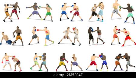 Set di coppie di boxe. Set di pugili in vestito con guanti in posa sport su sfondo bianco. Illustrazione Vettoriale