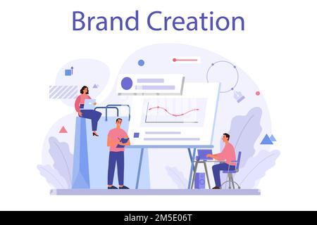 Concetto di creazione del marchio. Specialista marketing design presentazione aziendale unica e identità creativa. Riconoscimento del marchio come parte del marketing stratate Illustrazione Vettoriale
