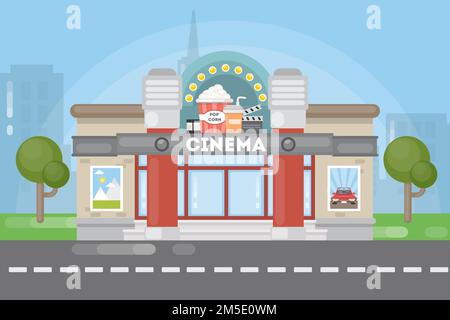 Edificio isolato del cinema. Casa con segno cinema e secoration come pop corn. Strada urbana. Illustrazione Vettoriale