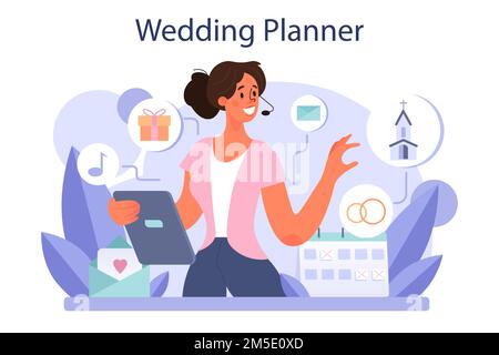 Concetto di wedding planner. Organizzatore professionale che organizza un evento di nozze. La sposa e la fidanzata mariage coordinazione. Illustrazione del vettore piatto Illustrazione Vettoriale