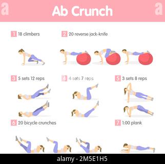 Set esercizi ABS. Allenamento isolato per i muscoli ab per le donne su sfondo bianco. Illustrazione Vettoriale