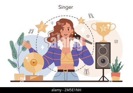 Concetto di cantante. Interprete che canta con il microfono sul palco. Spettacolo di musica vocale, performance audio dal vivo. Illustrazione vettoriale in stile piatto Illustrazione Vettoriale