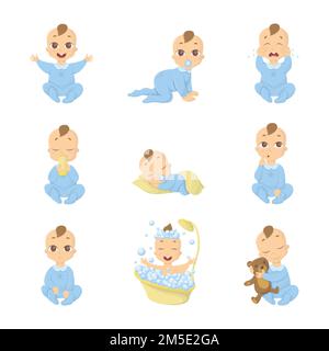 Set di emoji per bambini. Divertente carino personaggio cartone animato su sfondo bianco. Ragazzo in blu. Illustrazione Vettoriale