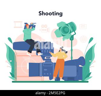 Concetto di videografo. Produzione, ripresa e montaggio di video. Cameraman o motion designer. Ripresa di contenuti visivi per i media con attrezzature speciali. F Illustrazione Vettoriale