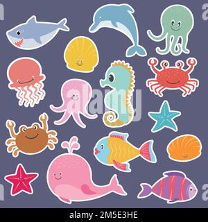 Grande set di cartoni animati mare personaggi animali. Collezione creature oceaniche fauna selvatica e pesci. Illustrazione Vettoriale