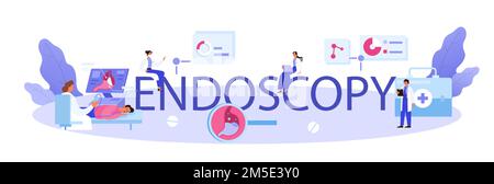 Intestazione tipografica endoscopica. Idea di assistenza sanitaria e trattamento dello stomaco. Il medico esamina l'organo interno. Esame gastroenterologico. Illustrazione vettoriale Illustrazione Vettoriale