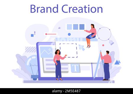 Concetto di creazione del marchio. Specialista marketing design presentazione aziendale unica e identità creativa. Riconoscimento del marchio come parte del marketing stratate Illustrazione Vettoriale