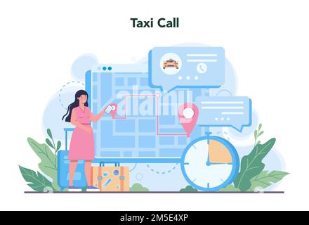 Concetto di servizio taxi. Taxi auto giallo. Cabina con conducente all'interno. Idea di trasporto pubblico cittadino. Illustrazione piatta isolata Illustrazione Vettoriale