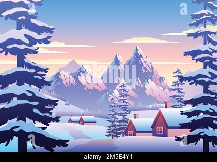 Uno sfondo vettoriale di Snowy Winter Landscape Illustrazione con Case, Pine Trees e Montagne Illustrazione Vettoriale
