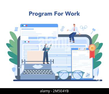 Servizio o piattaforma online legale. Punizione e giudizio idea. Assestamento della creazione del documento. Consulente legale o consulente. Programma online. Piatto vettoriale i Illustrazione Vettoriale