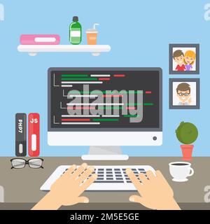 Codifica al calcolatore. Le mani digitano sulla tastiera. Schermo del computer con linguaggio del codice. Illustrazione Vettoriale