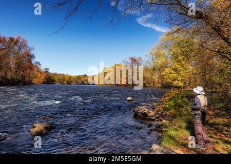 Elizabethon, Tennessee, USA - 20 ottobre 2022: Una donna fotografa che cattura le foto del paesaggio autunnale lungo le rive del fiume Watauga i. Foto Stock