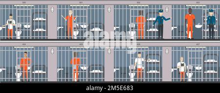 La vita in prigione. Prigionieri dietro le sbarre. Polizia, interni, persone in uniforme arancione. Illustrazione Vettoriale