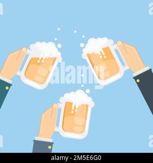 Grazie con la birra. Le mani tengono i bicchieri da birra con schiuma e spruzzi. Idea di celebrazione. Illustrazione Vettoriale