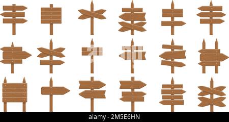 Cartelli in legno su sfondo bianco. Frecce, tavole e tavole. Concetto di visualizzazione della direzione, del modo o delle informazioni. Illustrazione Vettoriale