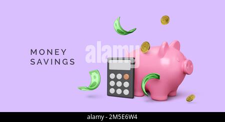 Rosa maialino con calcolatrice e monete d'oro moneta di carta verde. Risparmio di denaro e gestione finanziaria. Illustrazione vettoriale in 3D carotaggio realistico Illustrazione Vettoriale