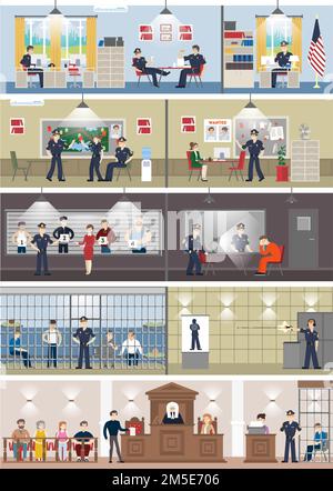 Stazione di polizia interno con camere. Sala ufficio, sala interviste, cella di prigione e banco ricevimento. Illustrazione Vettoriale