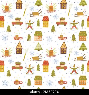 Modello senza cuciture con elementi per le vacanze invernali. Case accoglienti, albero di Natale, candela di Capodanno e fiocchi di neve, slitta. Mano di illustrazione colorata vettoriale Illustrazione Vettoriale