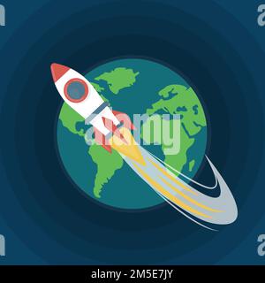 Pianeta Terra e razzo. Illustrazione del vettore piatto Illustrazione Vettoriale