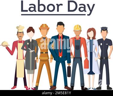 Illustrazione della giornata di lavoro. Persone di diverse occupazioni che rimangono su sfondo bianco. Illustrazione Vettoriale