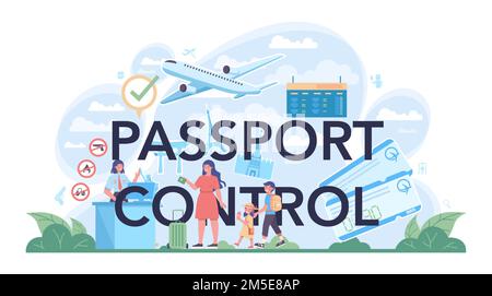 Intestazione tipografica controllo passaporti. Ufficiale doganale dell'aeroporto. Controllo di sicurezza e registrazione in aeroporto. Rilevatore di metalli per sicurezza attivato Illustrazione Vettoriale