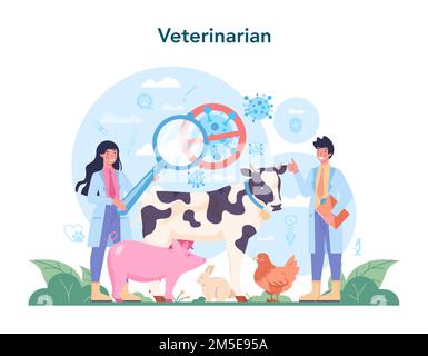 PET veterinario concetto. Medico veterinario controllo e trattamento degli animali. Idea di cura degli animali domestici, vaccinazione medica degli animali, microchipping. Vettore piatto ill Illustrazione Vettoriale