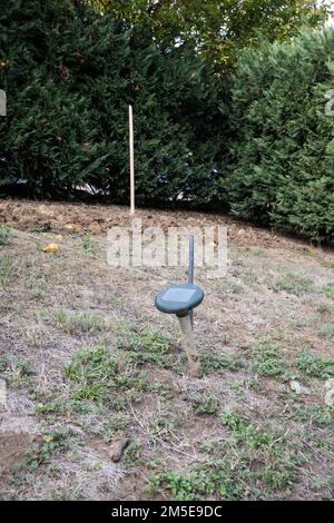 Operazioni di scavo in un orto per preparare il terreno alla semina primaverile. Foto Stock