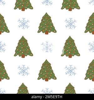 Modello senza cuciture con albero di Natale decorato con ghirlanda e palle e fiocchi di neve. Vacanza colorata mano disegnata vettore illustrazione doodle. Felice NE Illustrazione Vettoriale