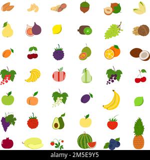 Frutta illustrazioni set. Banane e mele, susina e pera e molto altro. Illustrazione Vettoriale