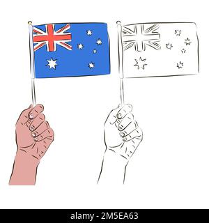 La bandiera australiana è in mano a un uomo di colore bianco e nero. Il concetto di patriottismo. Illustrazione Vettoriale