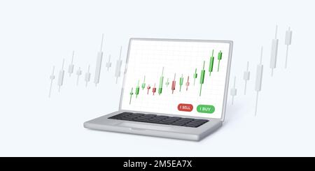 Grafico di commercio del laptop sullo schermo in stile realistico del cartone animato 3D. Diagramma a candela Cryptocurrency analisi di mercato. Gestione finanziaria e investimenti Illustrazione Vettoriale