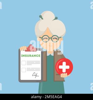 La donna anziana mostra un'assicurazione. Signora anziana tiene segno di salute di croce rossa e documento. Illustrazione Vettoriale
