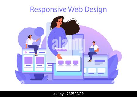 Concetto di web design reattivo. Presentazione adattiva dei contenuti su diverse pagine Web. Layout del sito web, composizione e sviluppo del colore. Vettore piatto il Illustrazione Vettoriale
