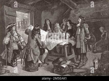 Guglielmo, Principe d'Orange (in seguito Re Guglielmo III) detiene il consiglio di guerra dopo l'atterraggio a Brixham a Torbay, Devon, Inghilterra, il 5 novembre 1688. Dopo una stampa di fine '19th di Williamson dal dipinto di Henry Gillard Glindoni. Foto Stock