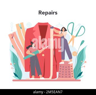 Concetto su misura. Abbigliamento da cucire o da indossare di stilista. Comò che lavora su macchina da cucire elettrica e che prende le misure. Vettore flat illustrati Illustrazione Vettoriale