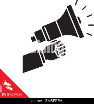 Mano d'uomo d'affari che tiene un'icona della linea vettoriale del megafono. Simbolo di politica, marketing e pubblicità. Illustrazione Vettoriale