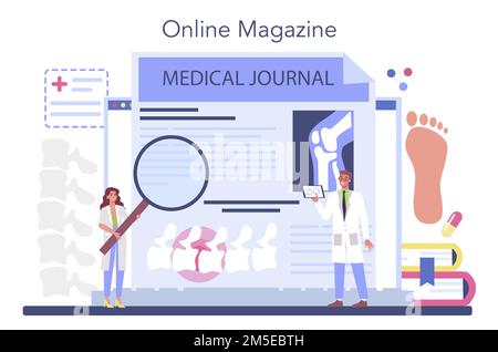 Servizio o piattaforma online medico ortopedico. Idea del trattamento delle articolazioni e delle ossa. Anatomia umana e struttura ossea. Rivista online. Lust piatto vettoriale Illustrazione Vettoriale